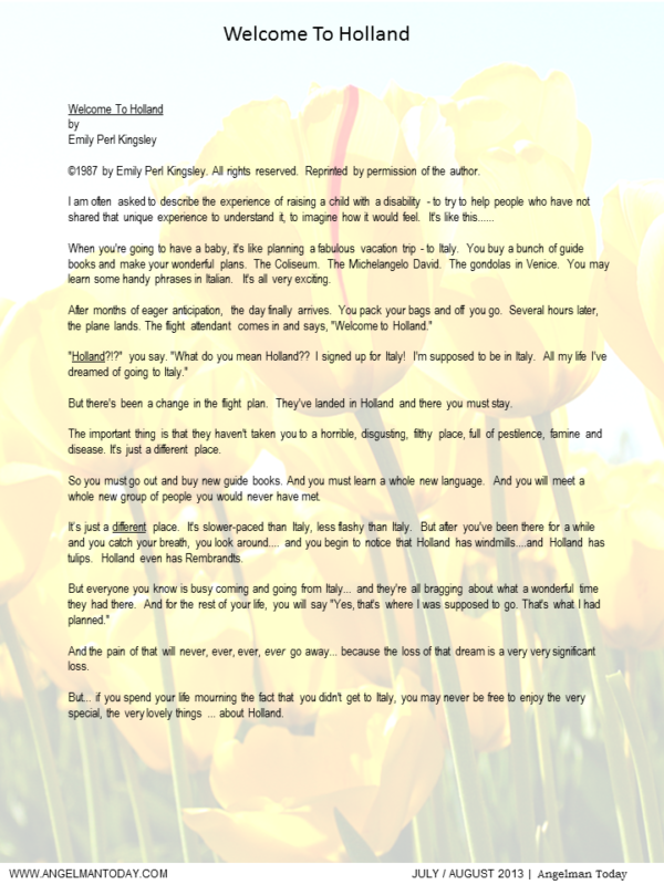 to Holland by Emily Perl Kingsley Angelman Today